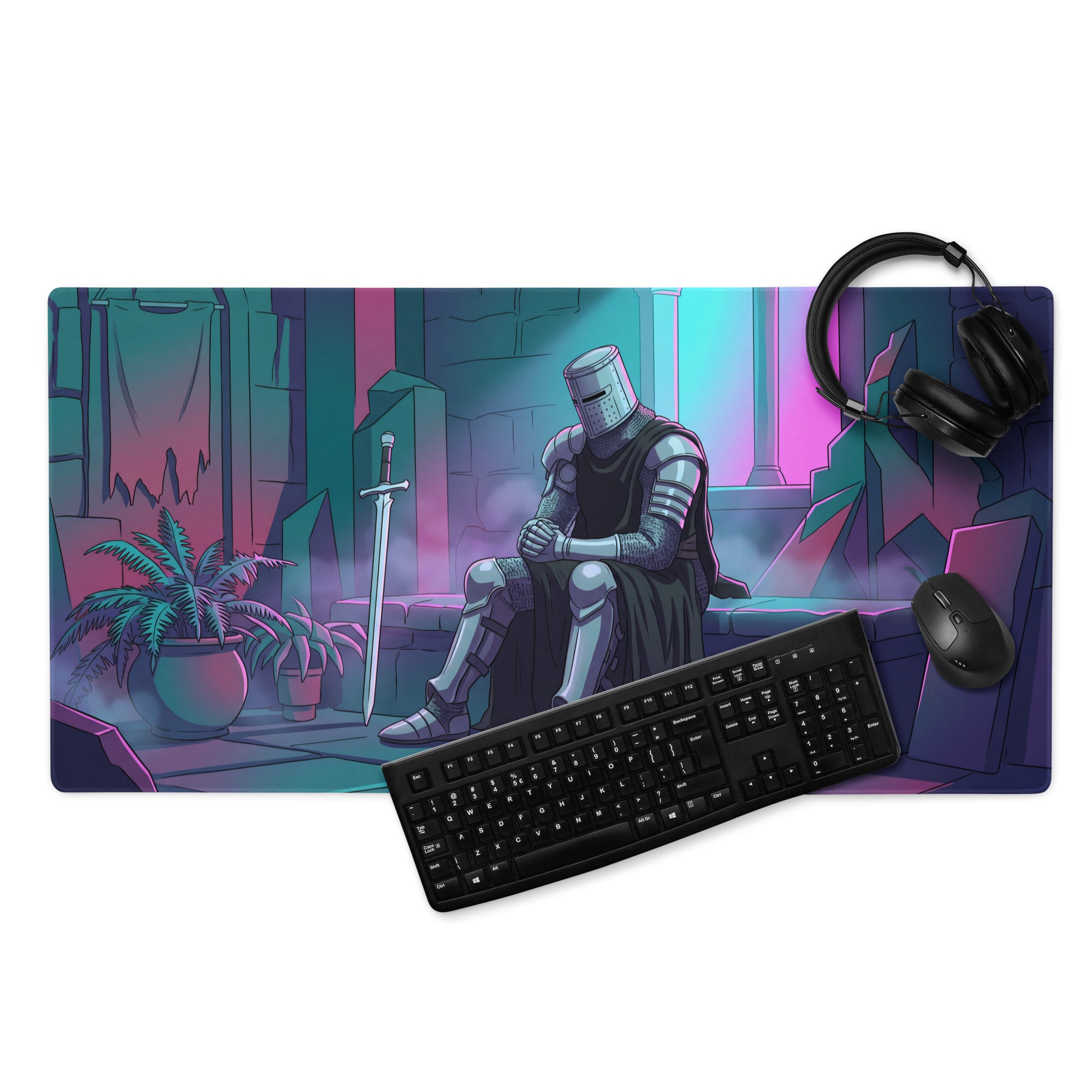 Narrow rectangular gaming mousepad with stylized knight in silver armor and teal pink vaporwave neon lighting design