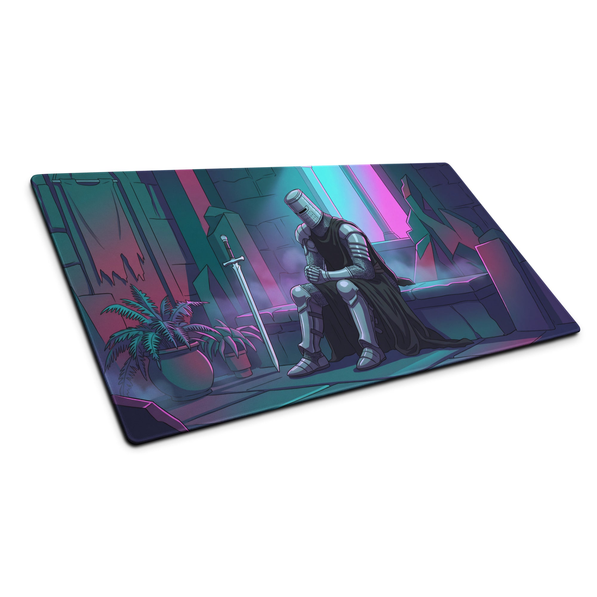 Knight vaporwave mouse pad in navy blue and teal featuring a silver armored knight and sword under pink neon light