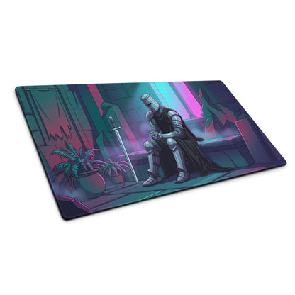 Knight vaporwave mouse pad in navy blue and teal featuring a silver armored knight and sword under pink neon light