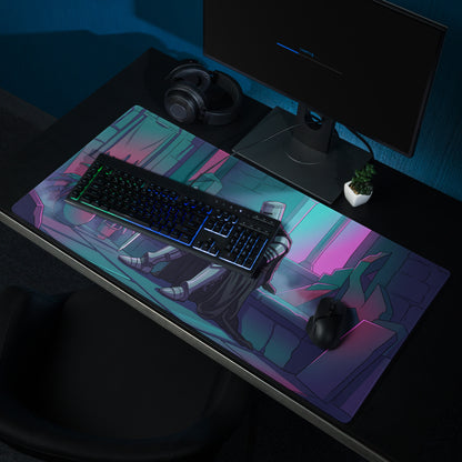 Vibrant neon pink and teal knight vaporwave anime-themed gaming mousepad with detailed armored character illustration