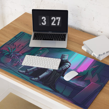 Vibrant neon teal and pink knight vaporwave mouse pad with a stylized armored knight in a cyberpunk setting