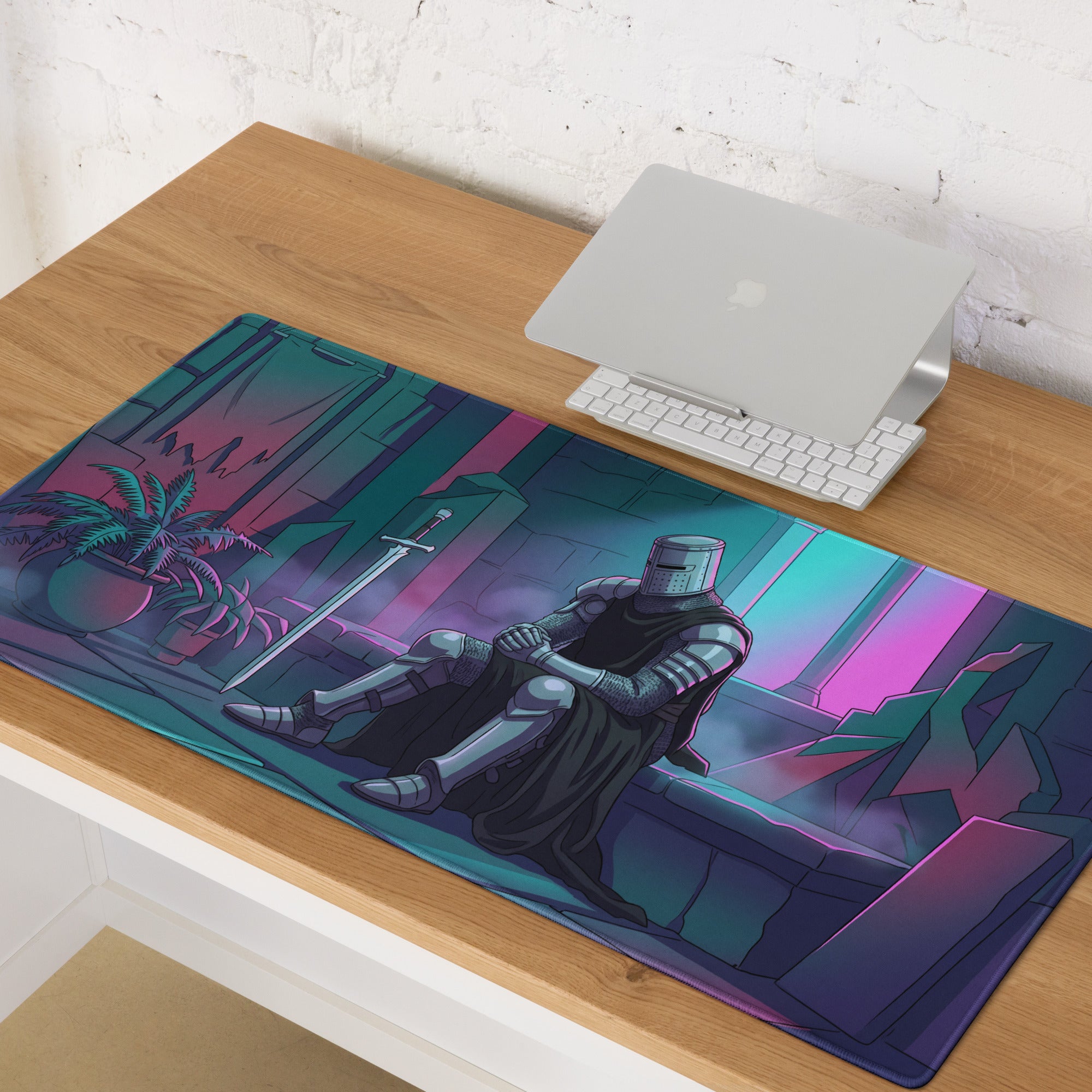 Knight vaporwave mouse pad with teal and pink neon hues featuring a stylized armored knight and sword illustration