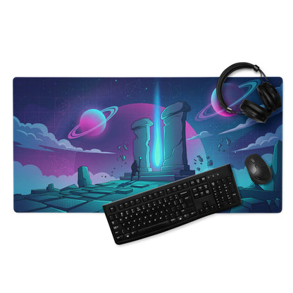 Vaporwave neon galaxy gaming mouse pad with navy blue purple cosmic design and glowing teal energy beam for desk decor