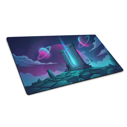 Vaporwave neon galaxy gaming mouse pad with vibrant neon sci-fi scene featuring blue pillars and pink purple planets