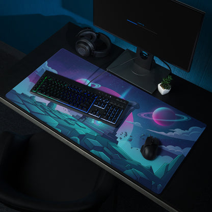 Vibrant vaporwave neon galaxy gaming mouse pad with purple and teal nebula planets stars under ambient lighting