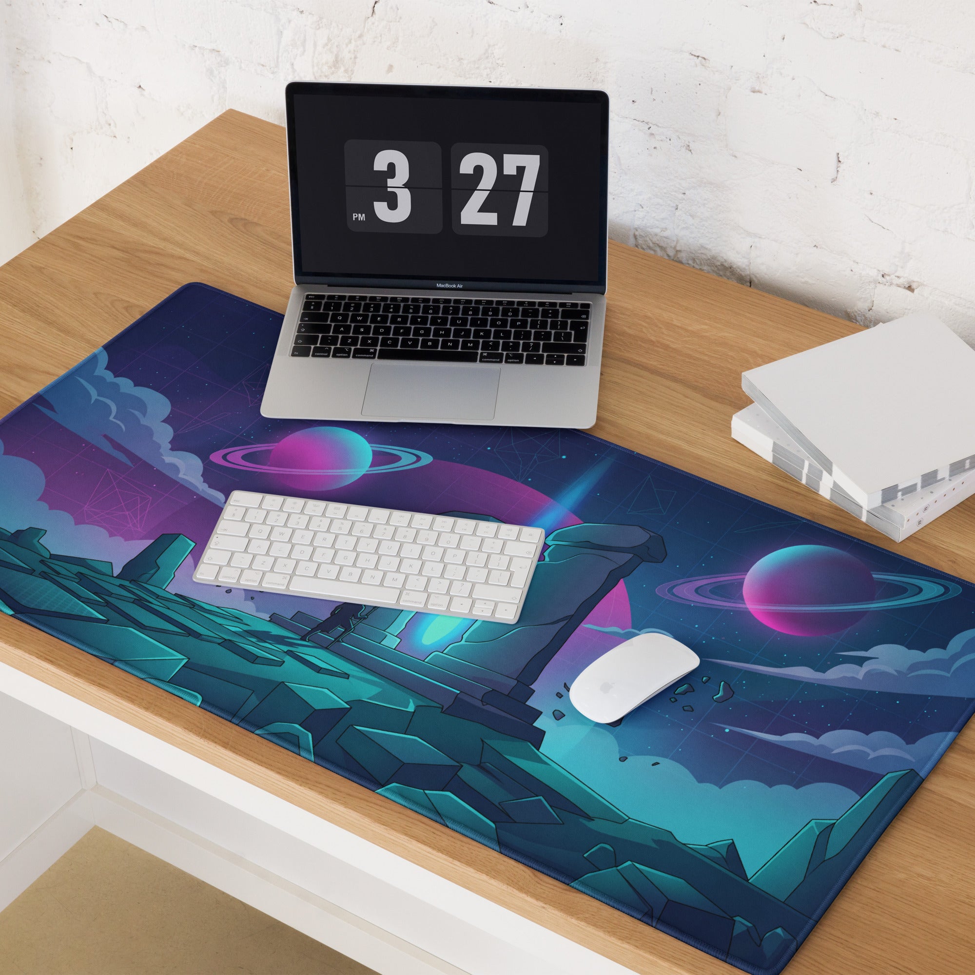 Vaporwave neon galaxy mouse pad with vibrant glowing planets nebulae and alien ruins in purple teal and pink colors