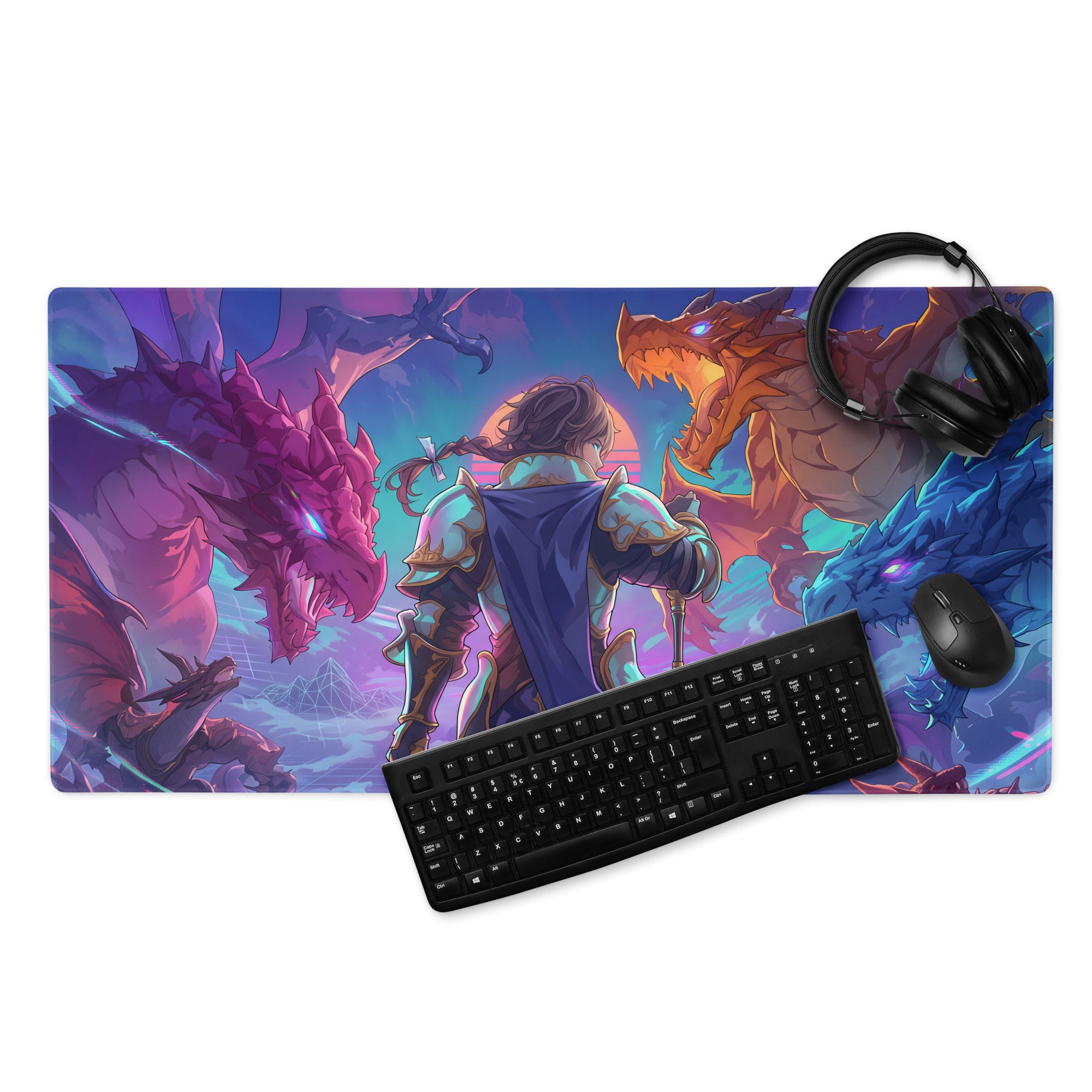 Vaporwave dragon arena gaming mouse pad with vibrant armored warrior and colorful purple orange blue dragons design