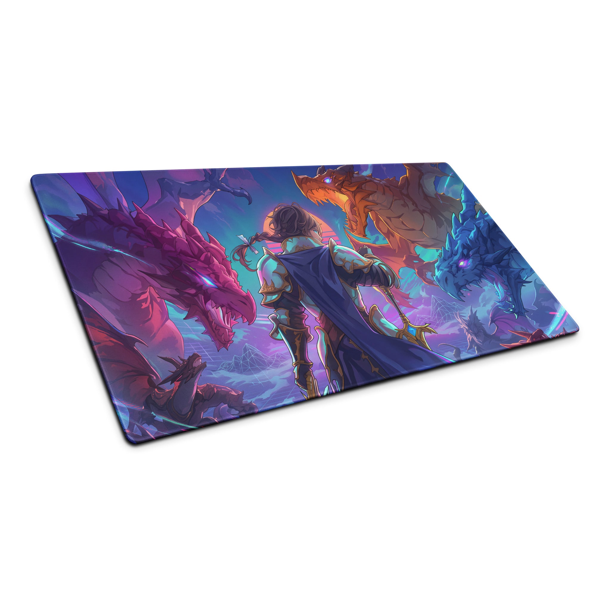 Vaporwave dragon arena mouse pad with vibrant purple pink blue design featuring a warrior and three glowing dragons