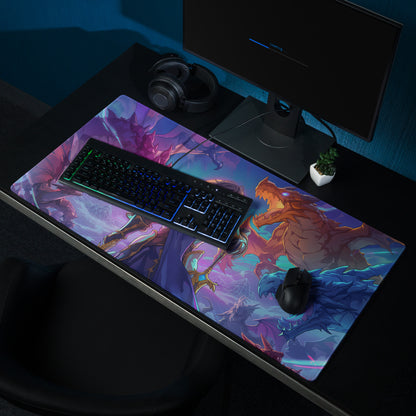 Vaporwave dragon arena mouse pad with vibrant purple orange dragon illustrations and a glossy surface for gaming use