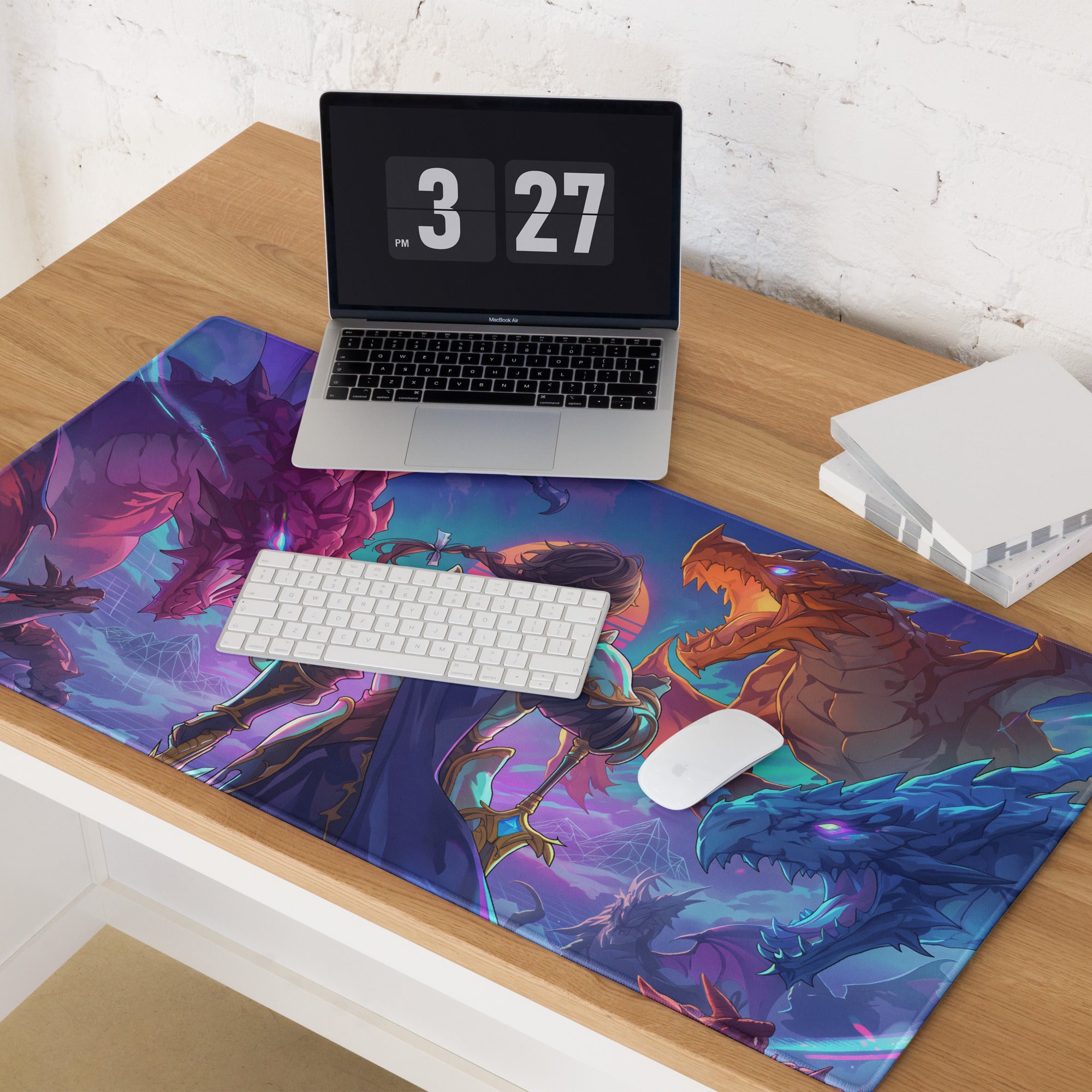 Vibrant vaporwave dragon arena mouse pad with dragons and warrior design on smooth fabric in purple pink blue hues