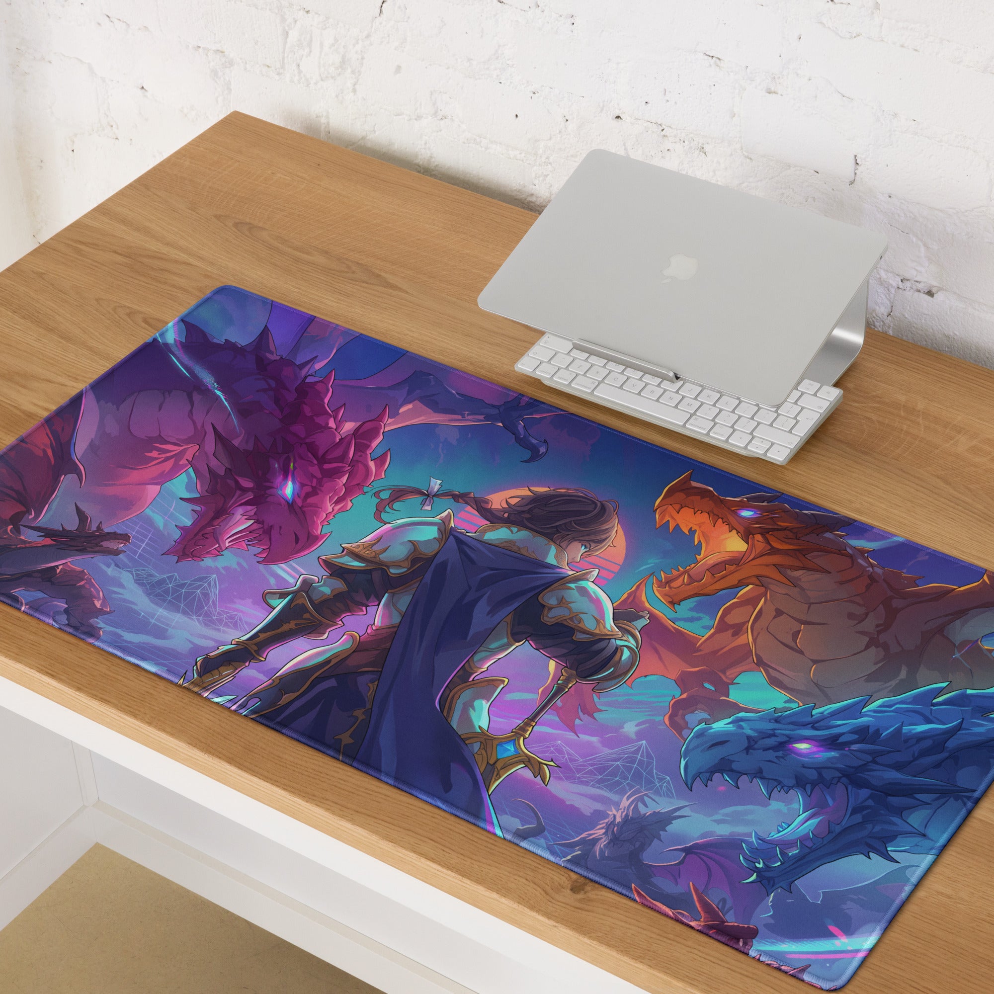 Vaporwave dragon arena gaming mouse pad with vibrant warrior and dragons illustration in purple pink blue neon colors