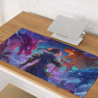 Vaporwave dragon arena gaming mouse pad with vibrant warrior and dragons illustration in purple pink blue neon colors