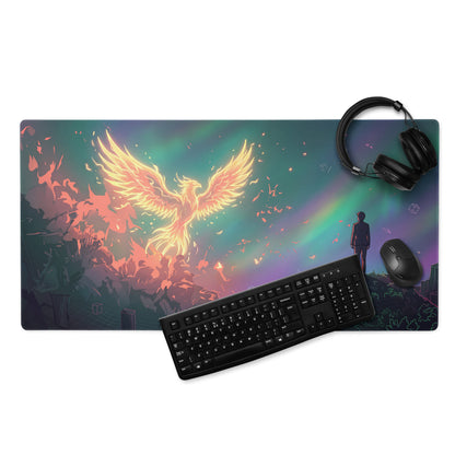 Vaporwave phoenix aesthetic rectangular gaming mousepad with golden phoenix over fiery ruins in purple pink blue neon hues