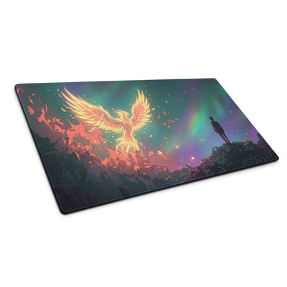 Rectangular vaporwave phoenix aesthetic mouse pad with glowing golden phoenix on neon purple pink blue aurora sky design