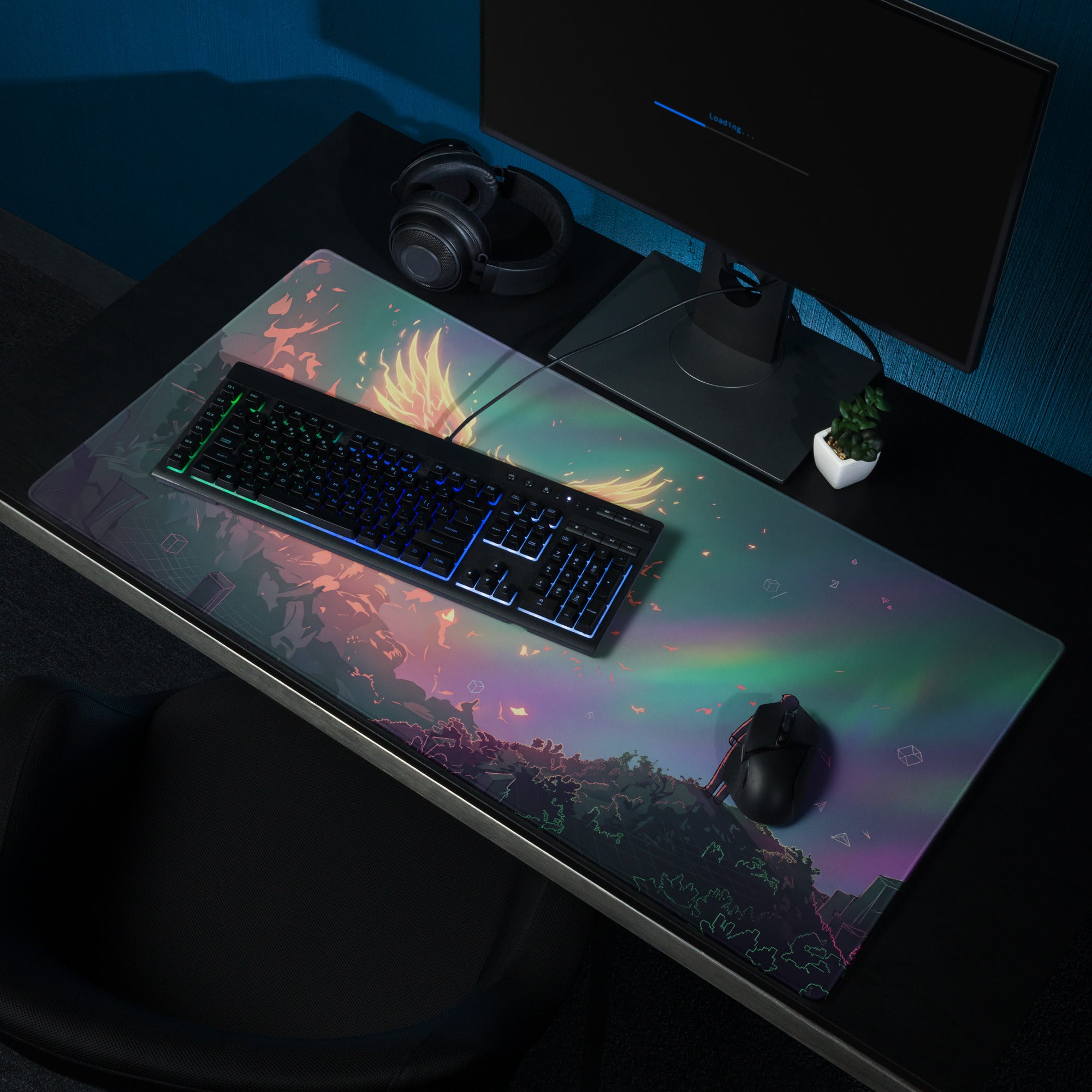 A vibrant vaporwave phoenix aesthetic mouse pad with iridescent fiery wings and neon purple pink blue dream decor