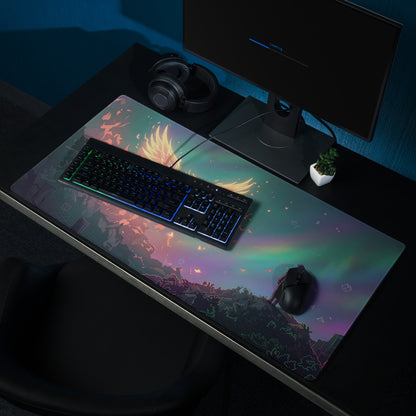 A vibrant vaporwave phoenix aesthetic mouse pad with iridescent fiery wings and neon purple pink blue dream decor