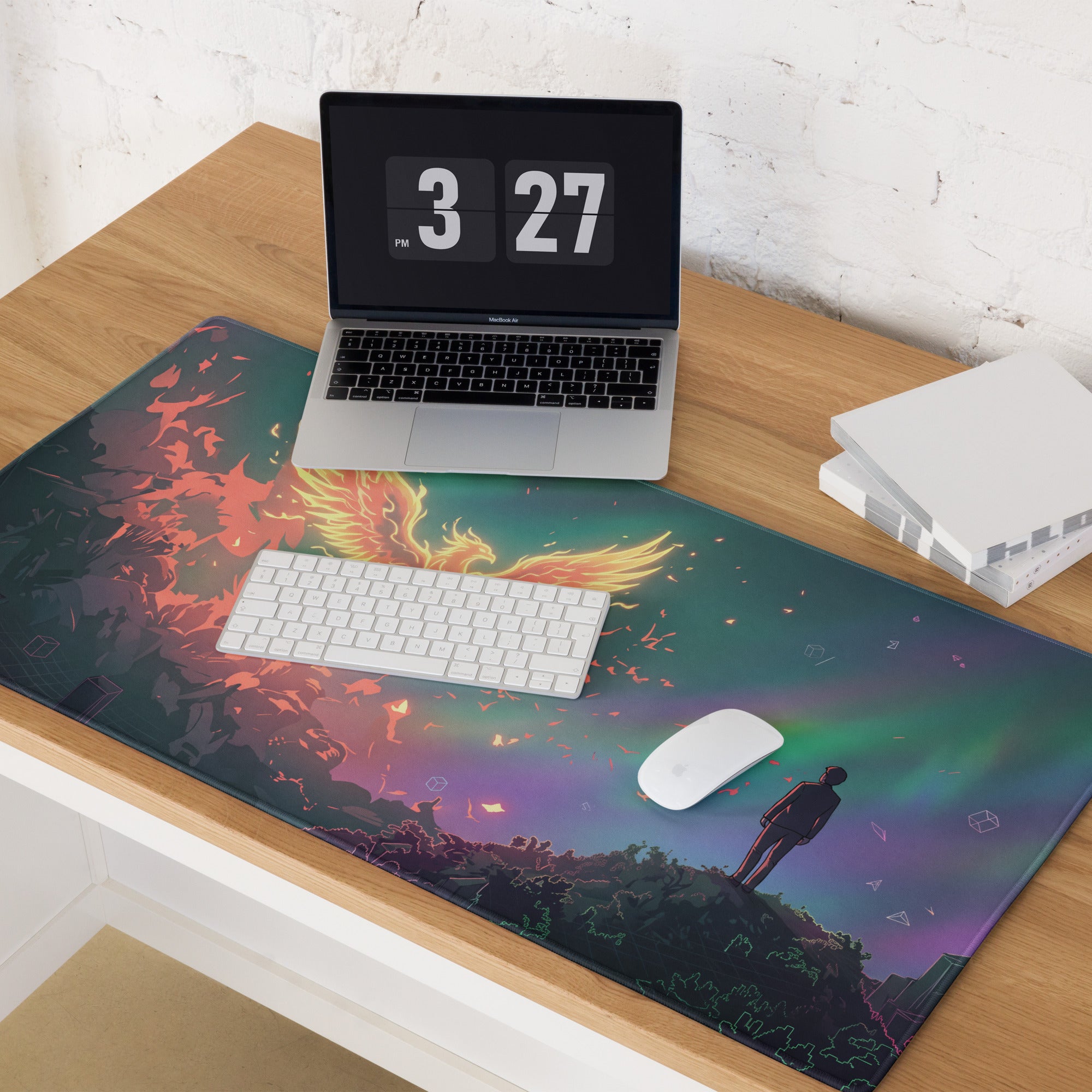 Vaporwave phoenix aesthetic mouse pad with fiery phoenix and silhouette on purple pink blue neon gradient desk decor