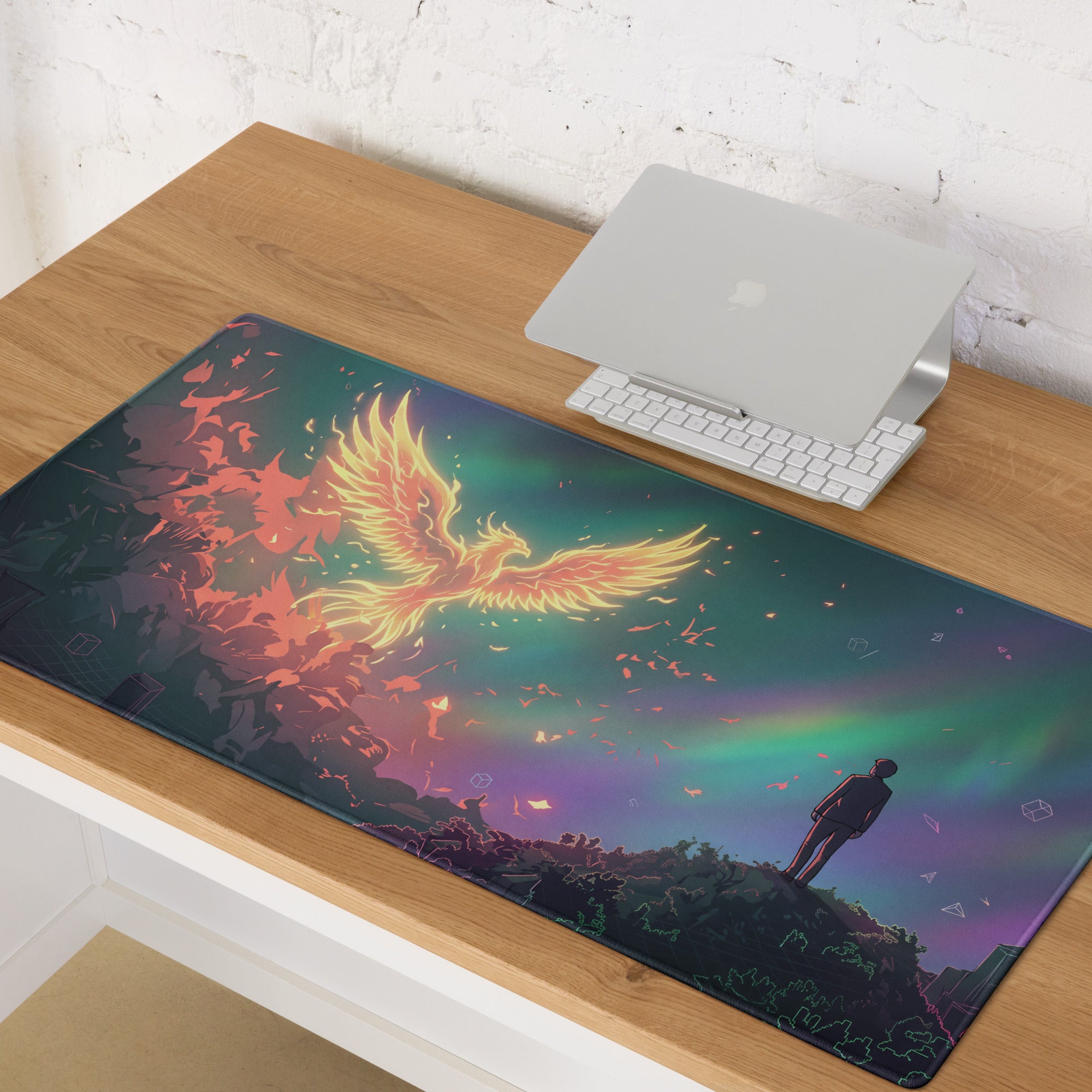Vaporwave phoenix aesthetic gaming mouse pad with glossy finish fiery orange and gold wings on teal purple pink gradient