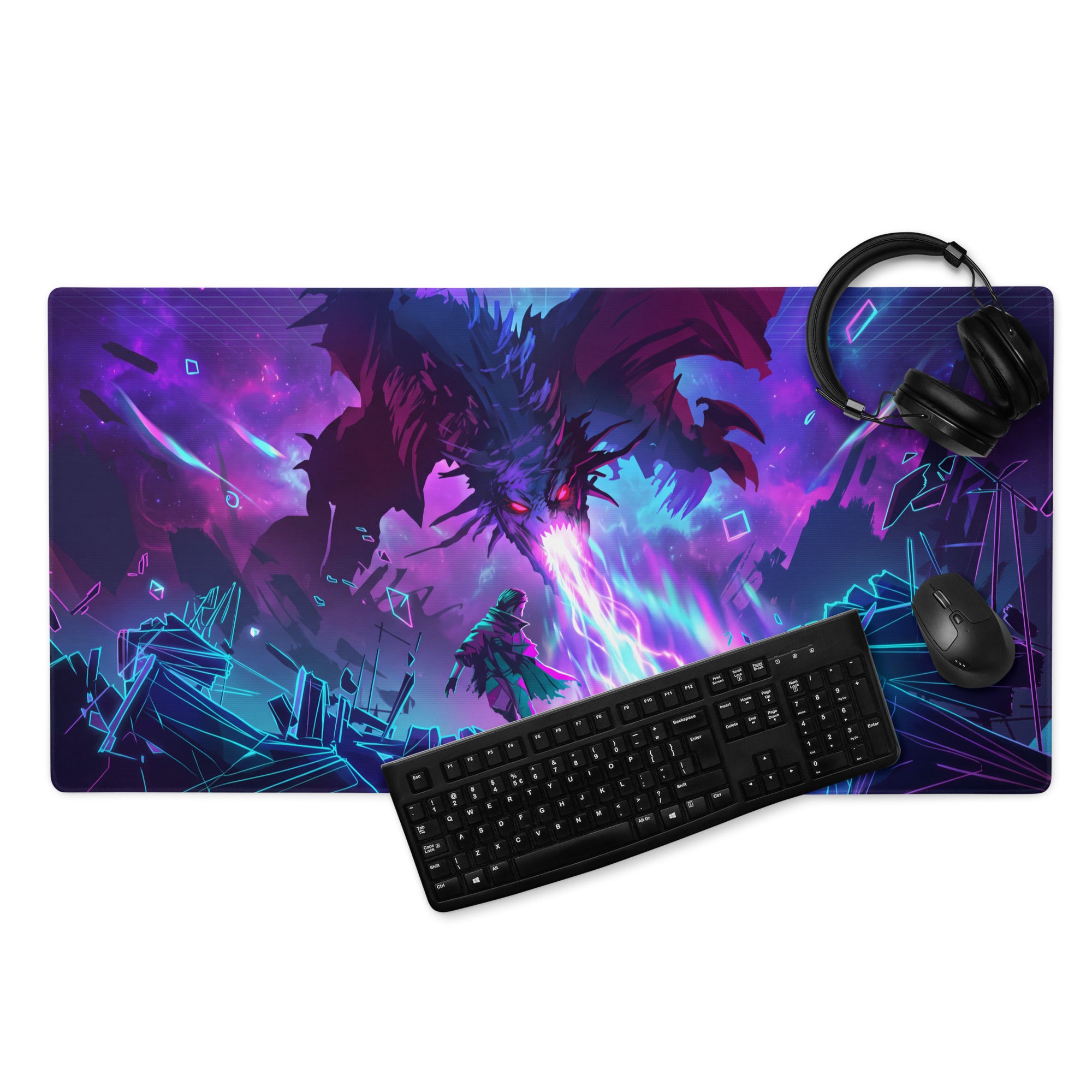Vibrant purple and blue neon dragon vaporwave mouse pad featuring a fantasy dragon battle scene for gaming desks