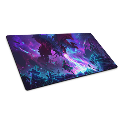 Neon dragon vaporwave mouse pad with vibrant purple and blue neon fantasy dragon battle scene for gaming desks