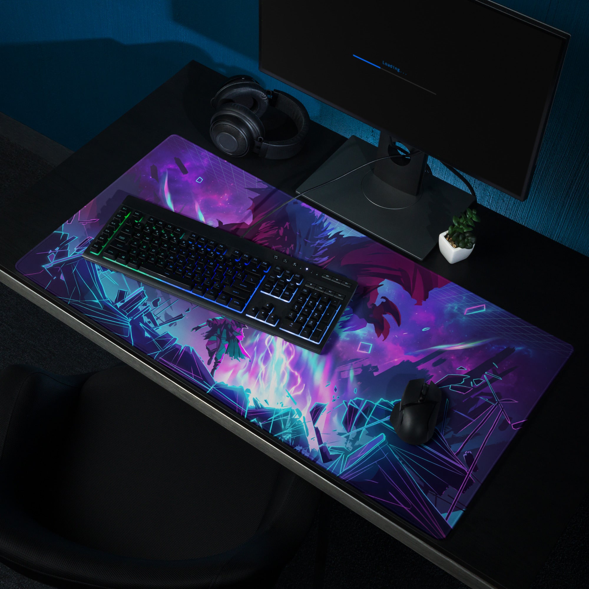 Neon dragon vaporwave mouse pad with vibrant purple and blue neon fantasy battle scene for gaming desk setup
