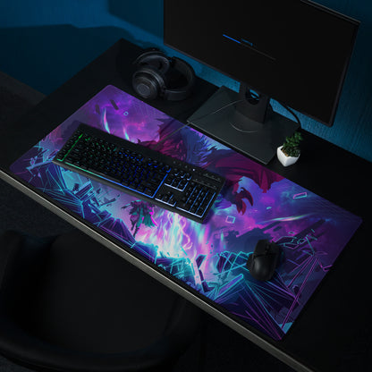 Neon dragon vaporwave mouse pad with vibrant purple and blue neon fantasy battle scene for gaming desk setup