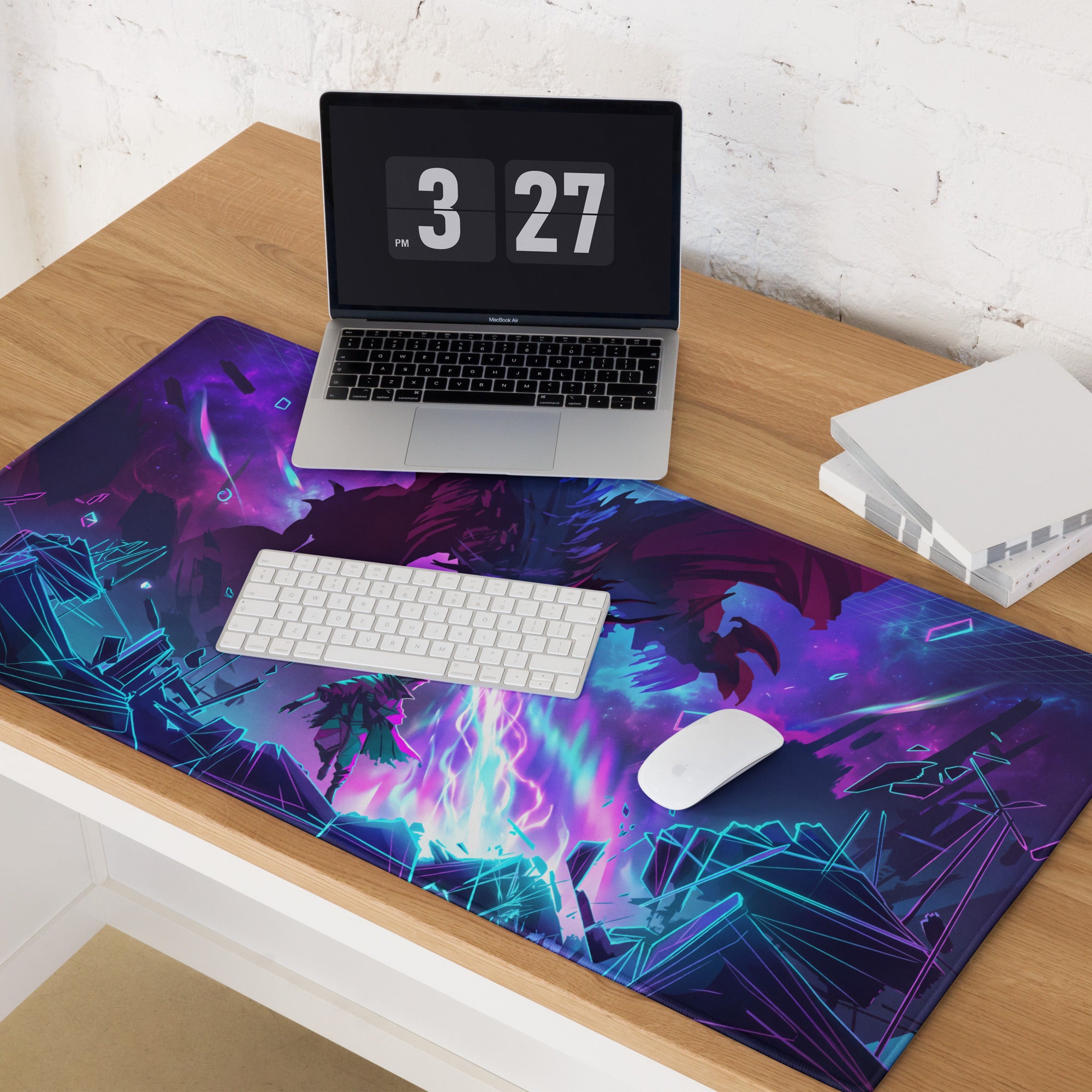 Neon dragon vaporwave mouse pad featuring vibrant purple and blue cosmic design with neon lightning effects for gaming