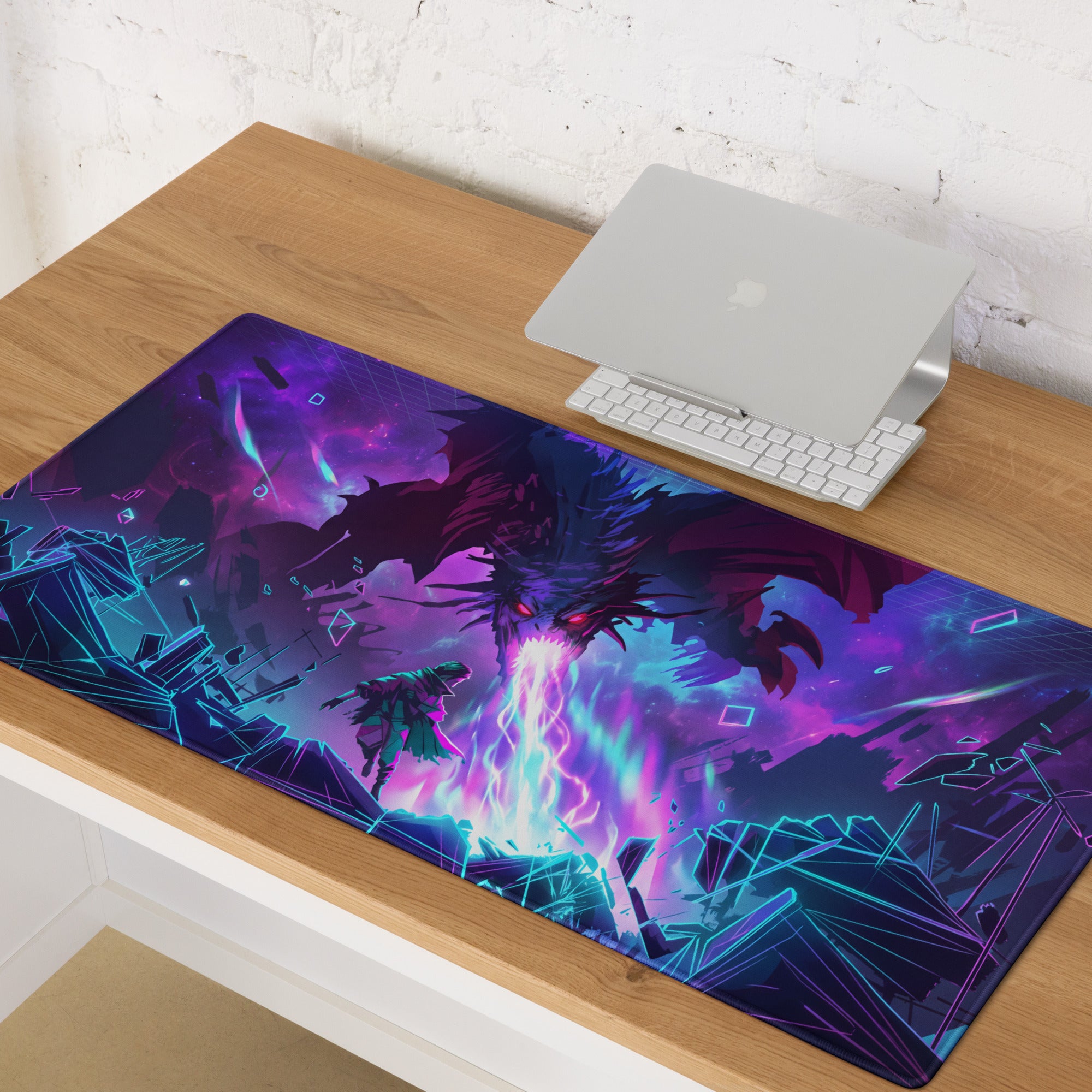 Neon dragon vaporwave mouse pad with vibrant purple and blue neon fantasy dragon battle design for gaming desks