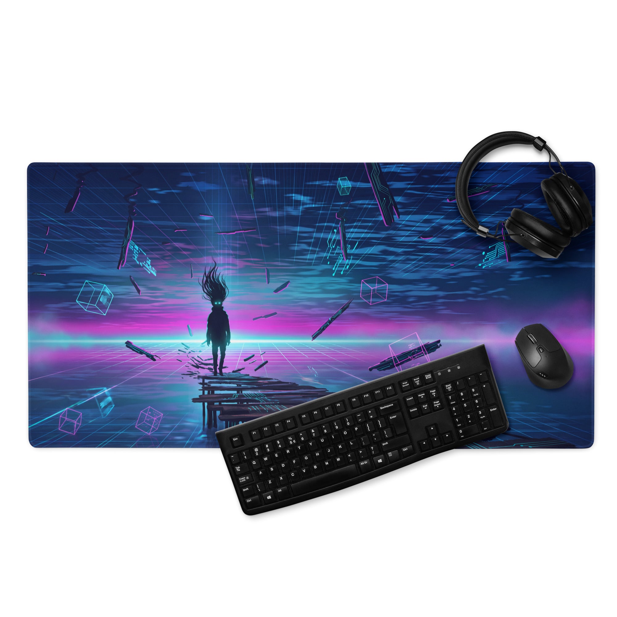 Navy blue and magenta cyberpunk gaming mousepad with silhouette figure on platform and floating cubes in vaporwave colors