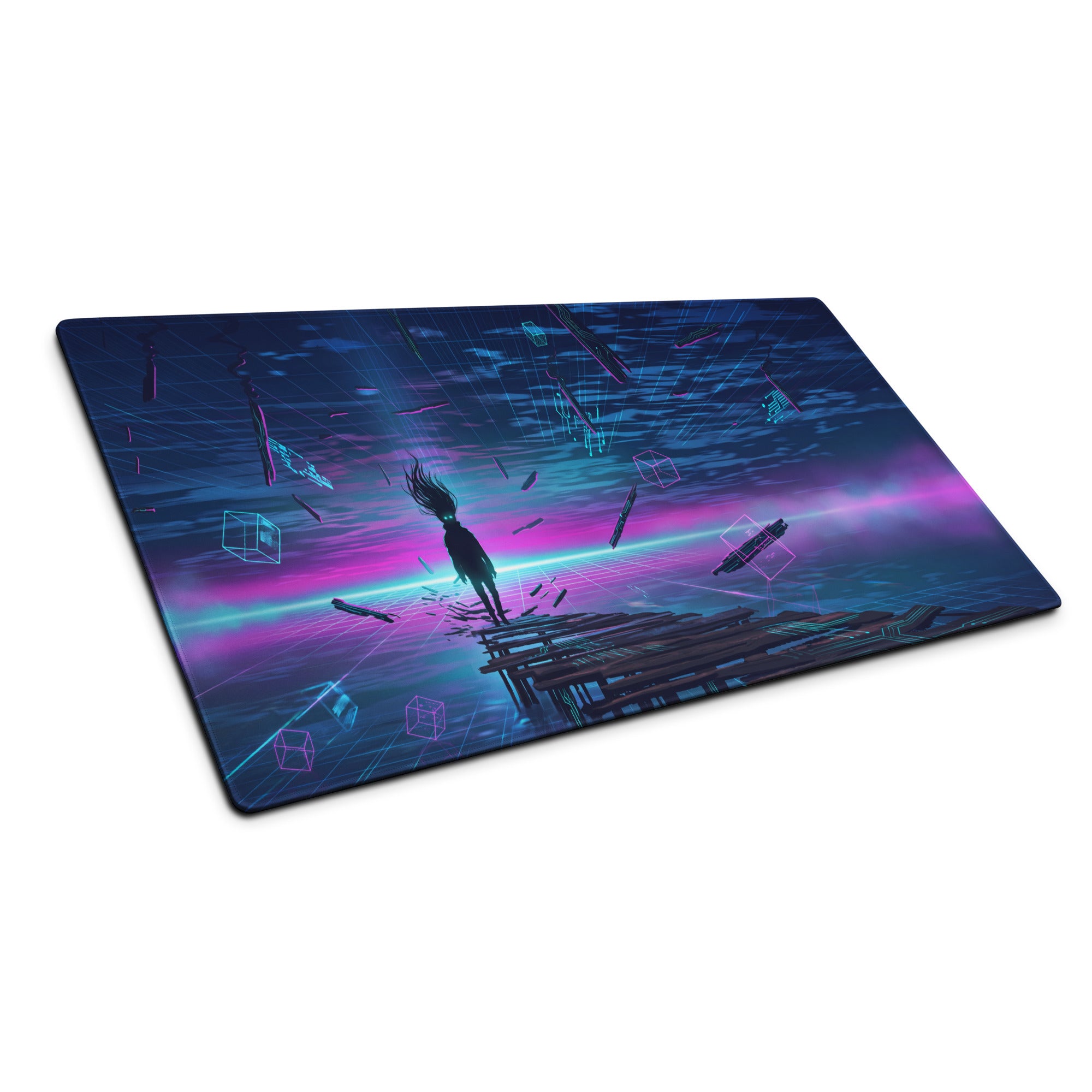 Neon vaporwave desk mat featuring nebula-themed digital art with a silhouette on glowing pink and blue cubes