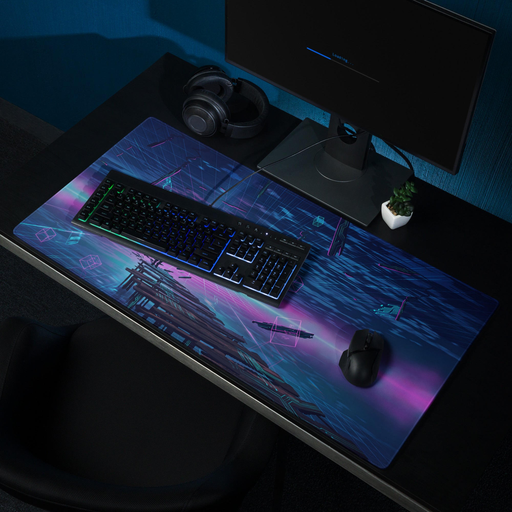 Neon vaporwave desk mat gaming mousepad with vibrant purple blue nebula cosmic design and glowing neon futuristic lines