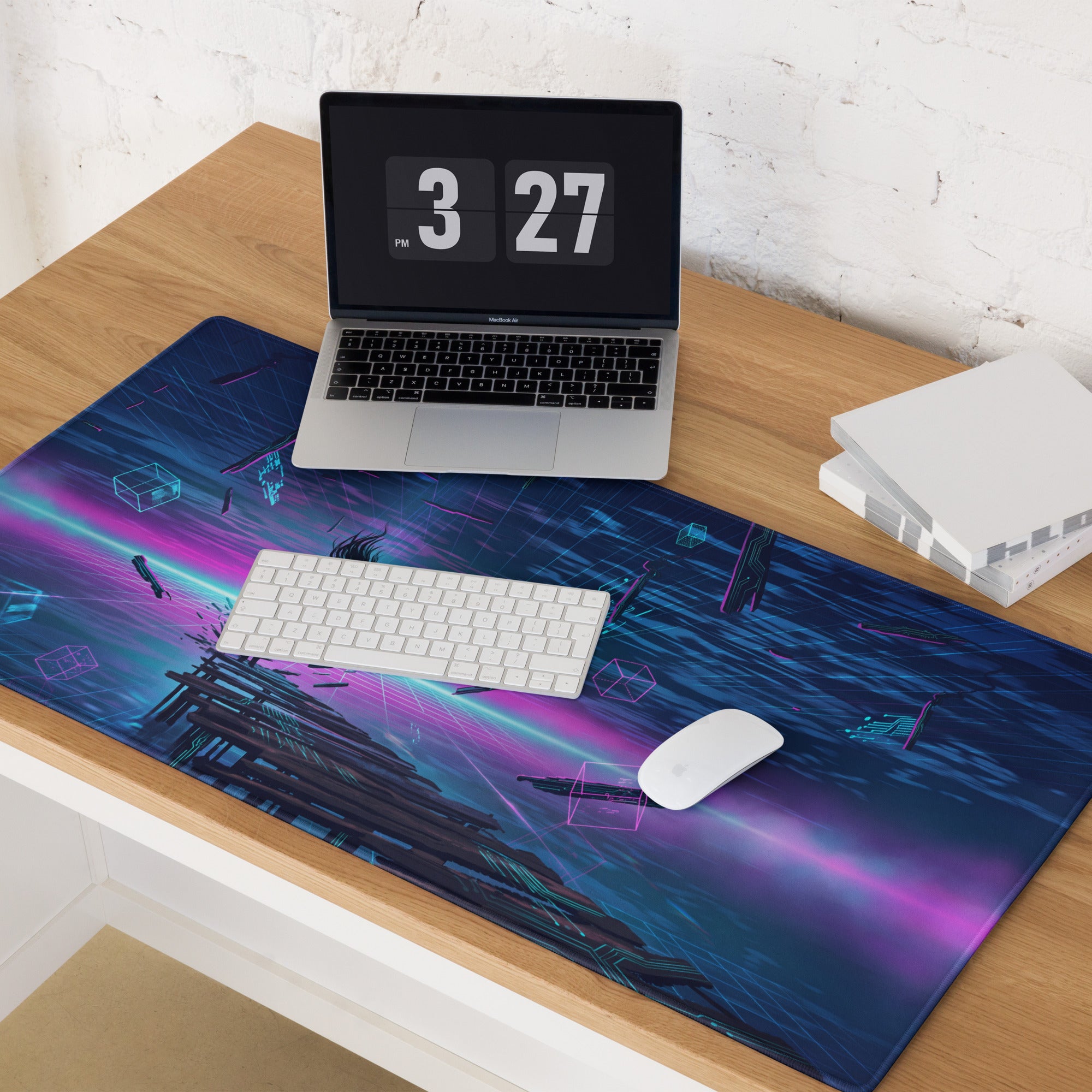 Navy blue and purple cyberpunk gaming mousepad with glowing neon accents for vibrant vaporwave desk decor