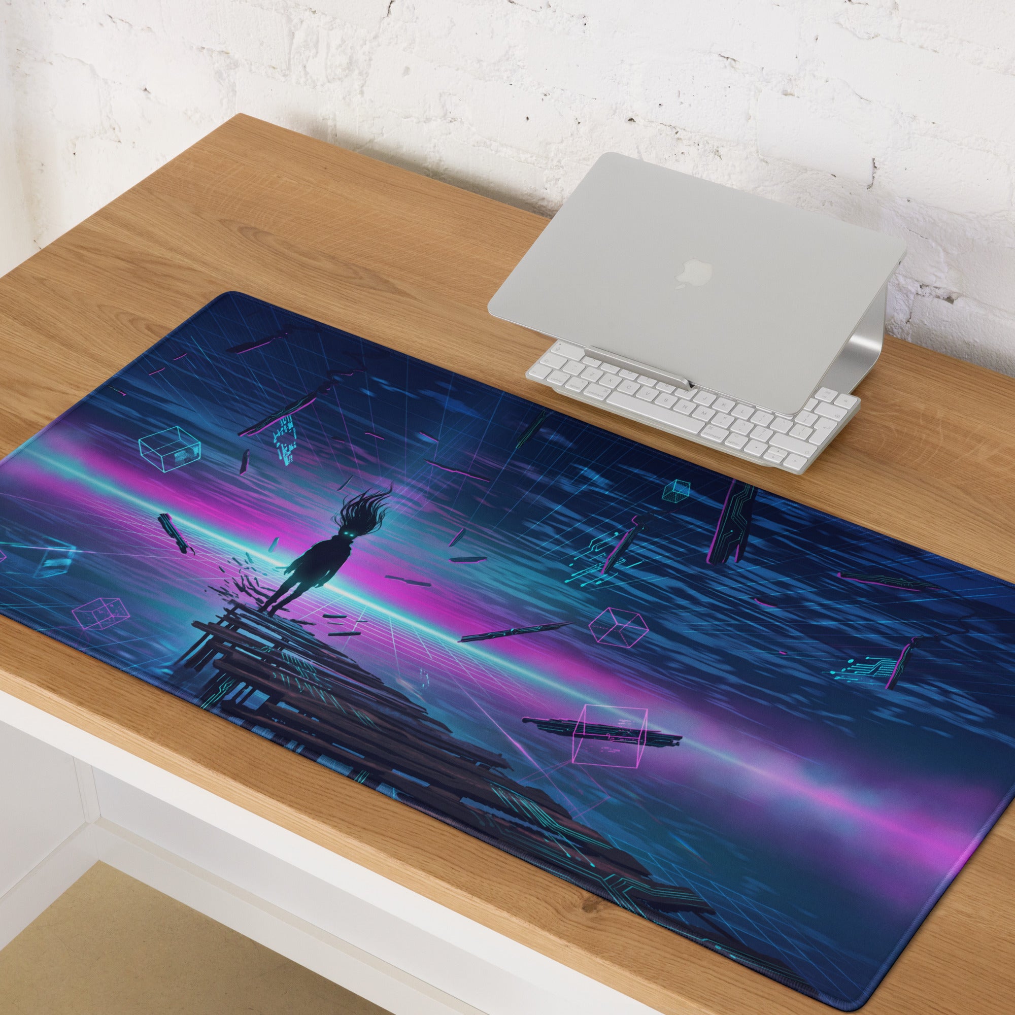 Neon vaporwave desk mat navy blue and magenta cyberpunk gaming mousepad with silhouette and glowing neon lines