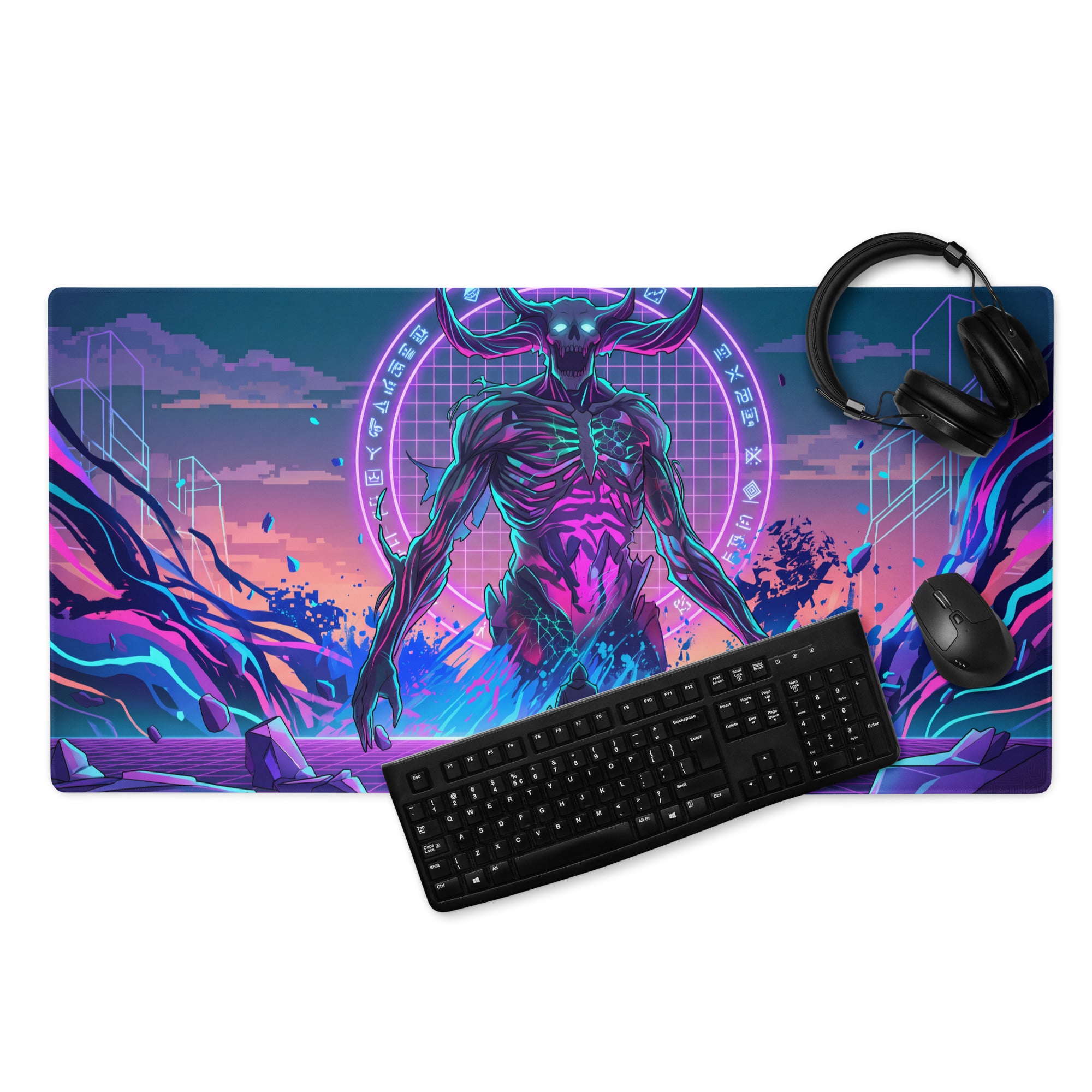 Vibrant neon pink and blue cyberpunk gaming mousepad with a glowing skeletal demon and futuristic cityscape background