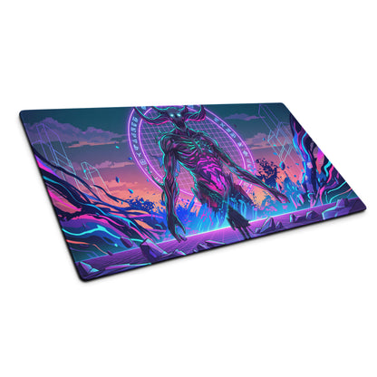 Necro-themed neon vaporwave skull mouse pad with glowing purple pink cyan cyberpunk creature for gaming desk setup