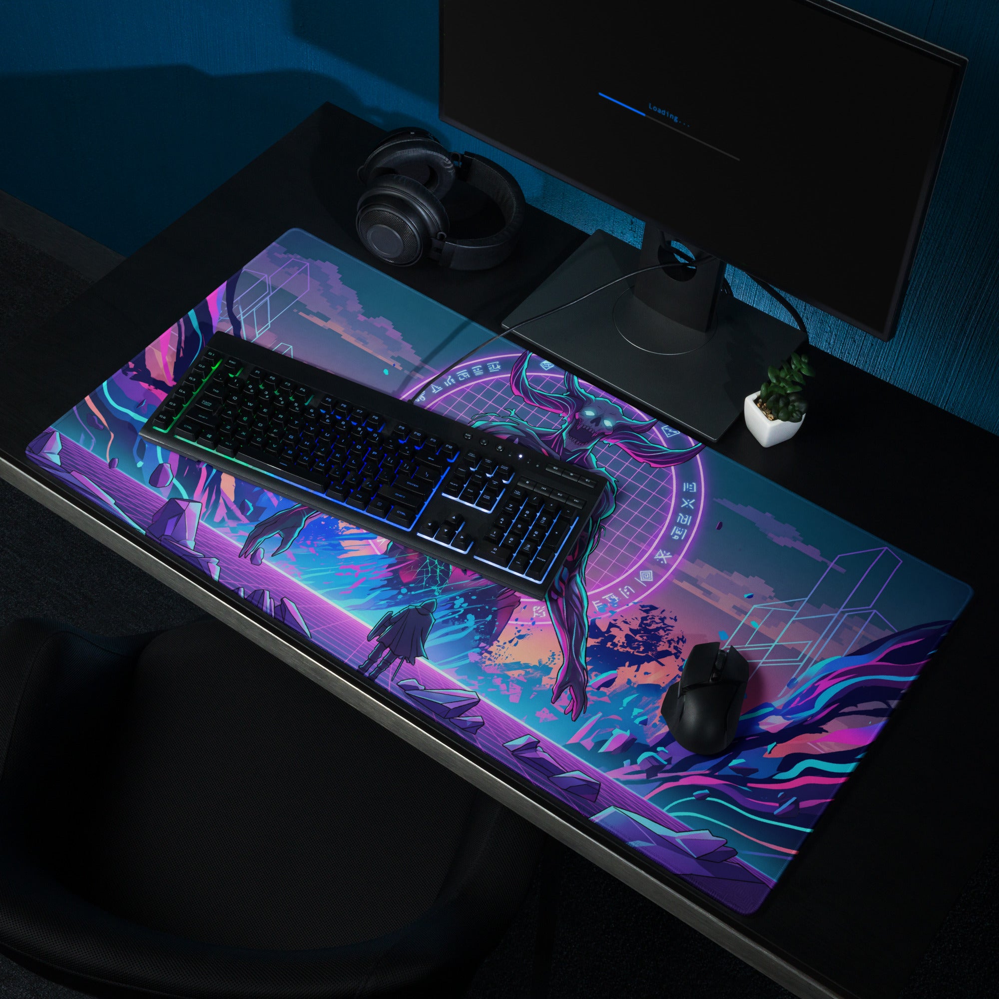 Neon purple and blue cyberpunk gaming mousepad with glowing grid design for vaporwave desk setup and ethereal decor