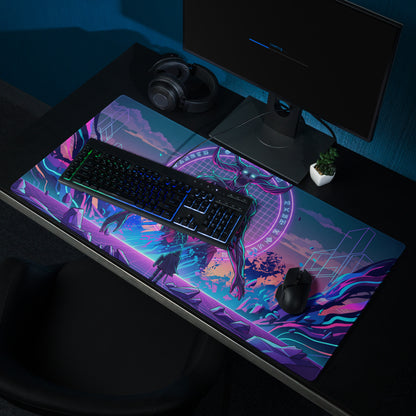 Neon purple and blue cyberpunk gaming mousepad with glowing grid design for vaporwave desk setup and ethereal decor