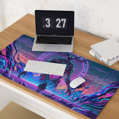 Neon vaporwave skull gaming mouse pad with vibrant purple pink cyan neon colors and glowing cyberpunk cityscape design