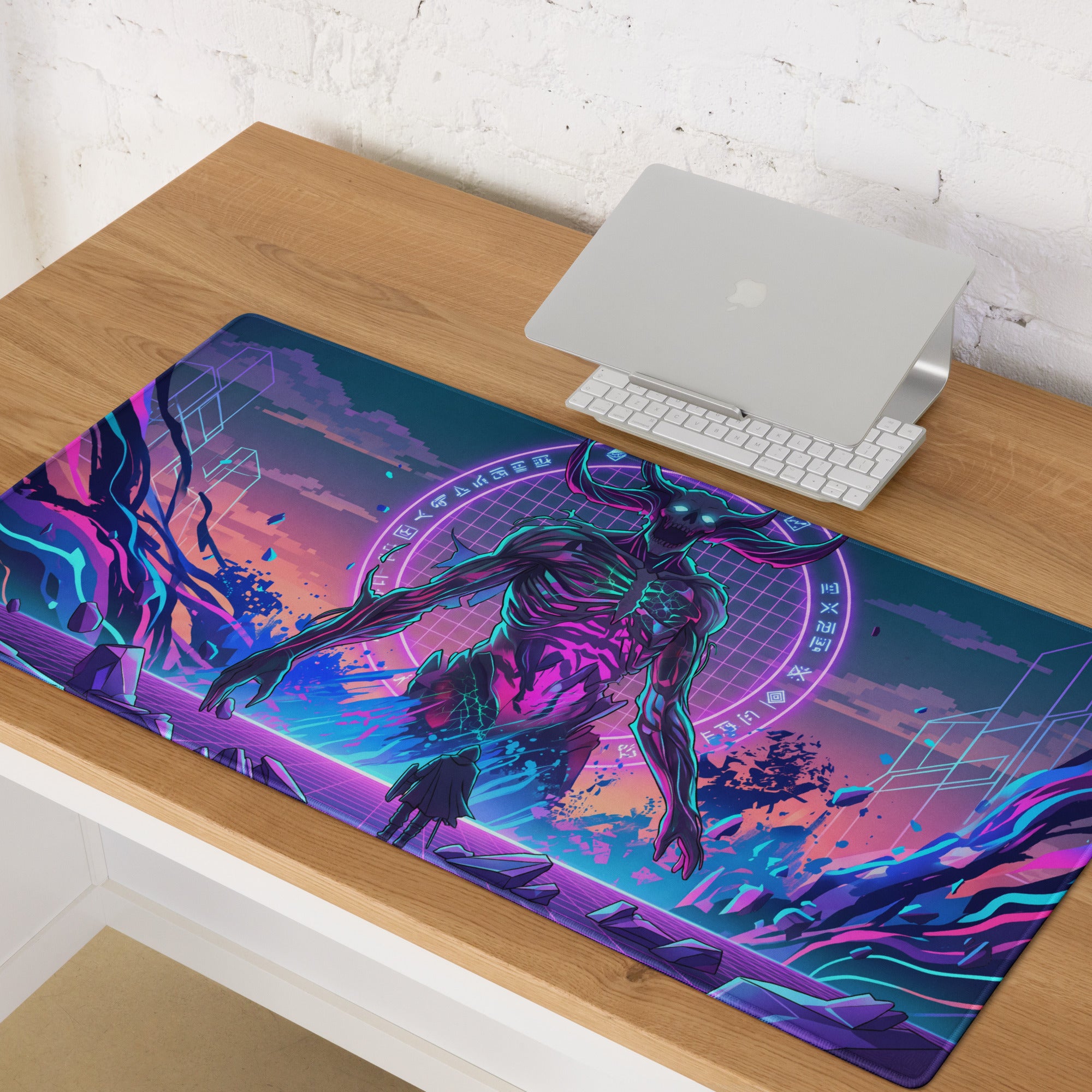 Neon vaporwave skull mouse pad featuring a vibrant neon-pink and cyan cyberpunk glowing muscular creature design