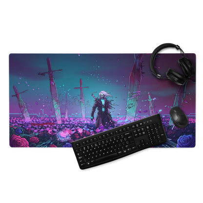 A rectangular neon vaporwave desk pad with a vibrant skeletal figure, glowing roses, and purple pink teal colors