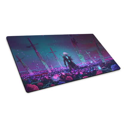 Neon vaporwave desk pad gaming mousepad with vibrant purple pink teal vaporwave art and a figure amid glowing roses