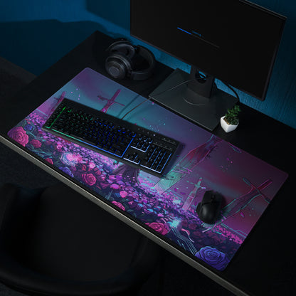 A vibrant rectangular vaporwave mousepad featuring anime-style roses and crosses in purple pink and teal colors