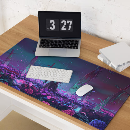 Neon vaporwave desk pad gaming mousepad with vibrant purple pink floral and futuristic cityscape design