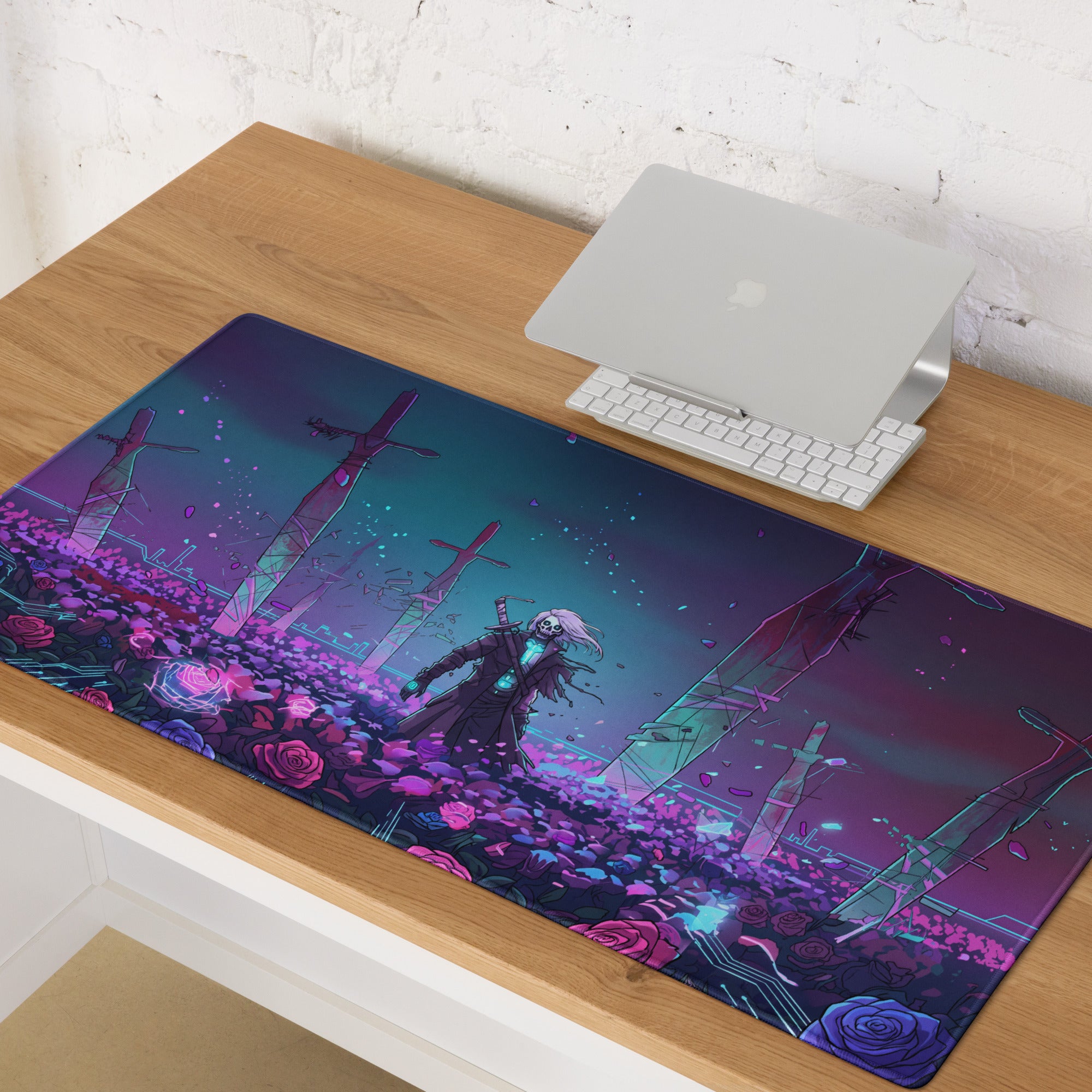 Neon vaporwave desk pad featuring a rectangular gaming mousepad with a vibrant skeletal figure amid pink roses and neon swords