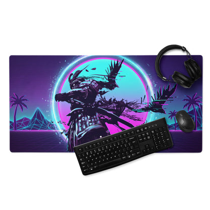 Neon purple and teal vaporwave night gaming mouse pad with stylized samurai warrior cyberpunk digital art design