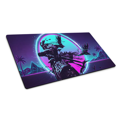Vaporwave neon night gaming mouse pad in purple pink cyan with stylized samurai and geometric mountains design