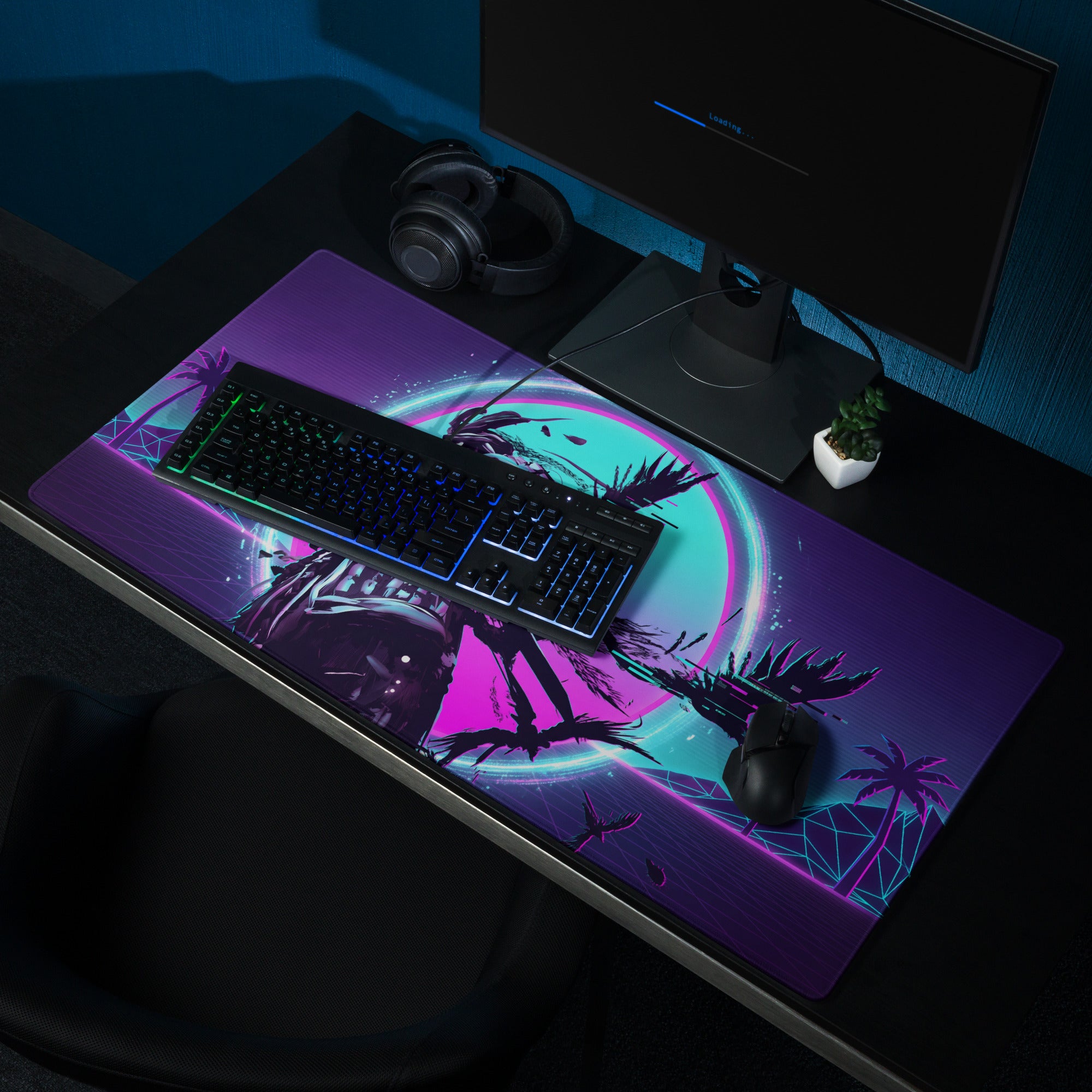Vaporwave neon night gaming mouse pad with vibrant purple and teal palm tree design and glowing circular accents