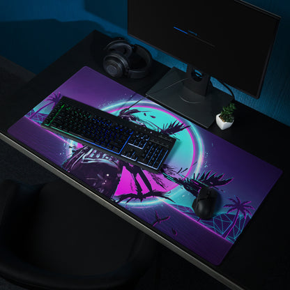 Vaporwave neon night gaming mouse pad with vibrant purple and teal palm tree design and glowing circular accents