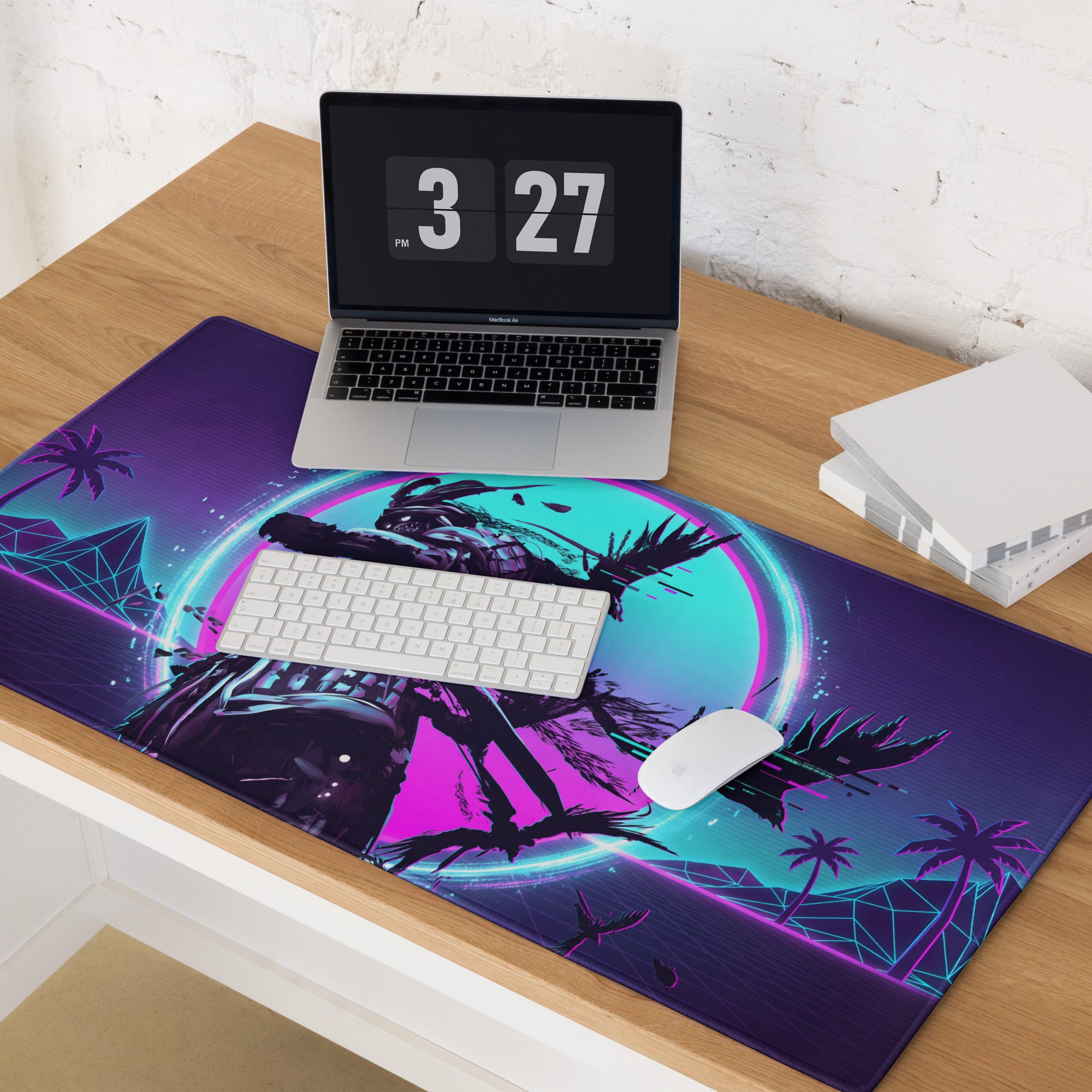 Vibrant purple and teal neon vaporwave night gaming mousepad with stylized sci-fi character design for desk use