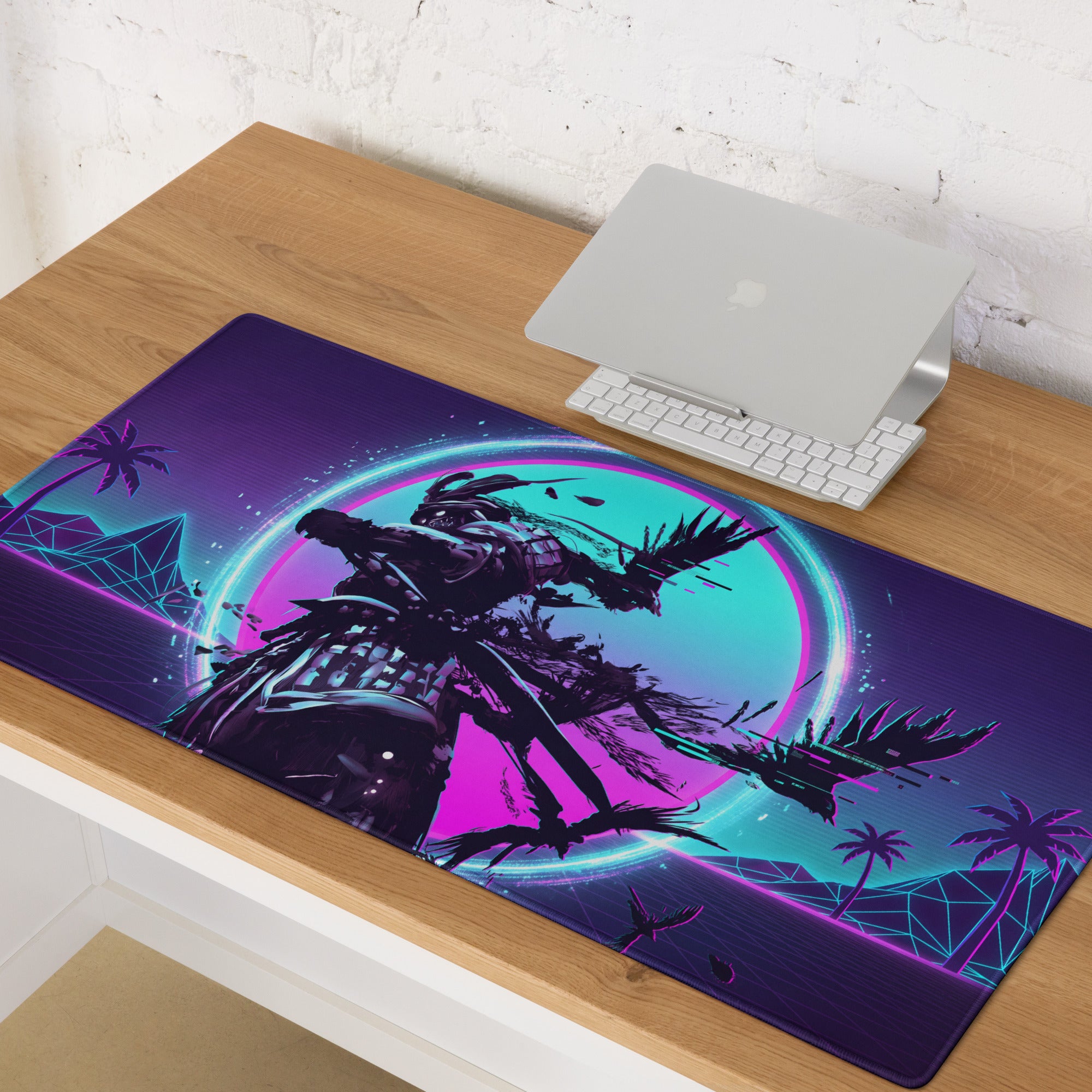 A vibrant vaporwave neon night gaming mouse pad with a samurai warrior in purple pink cyan cyberpunk colors